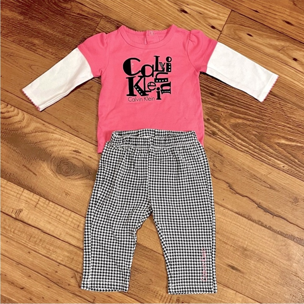Calvin Klein long sleeve onesie and checkered pants for baby girl size 6-9 M